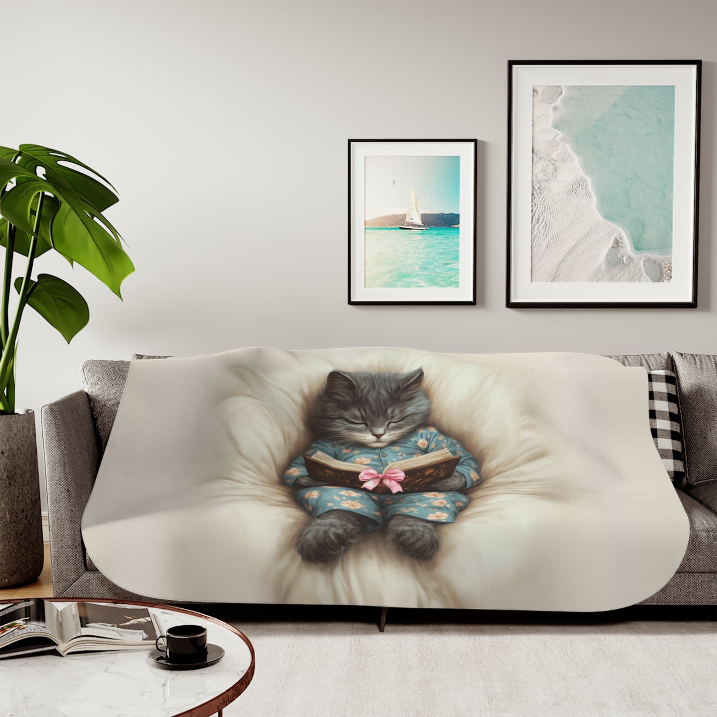 Comfort Zone - Cozy Cat Reading Blanket – Custom Sherpa Throw, Beige - Horizontal