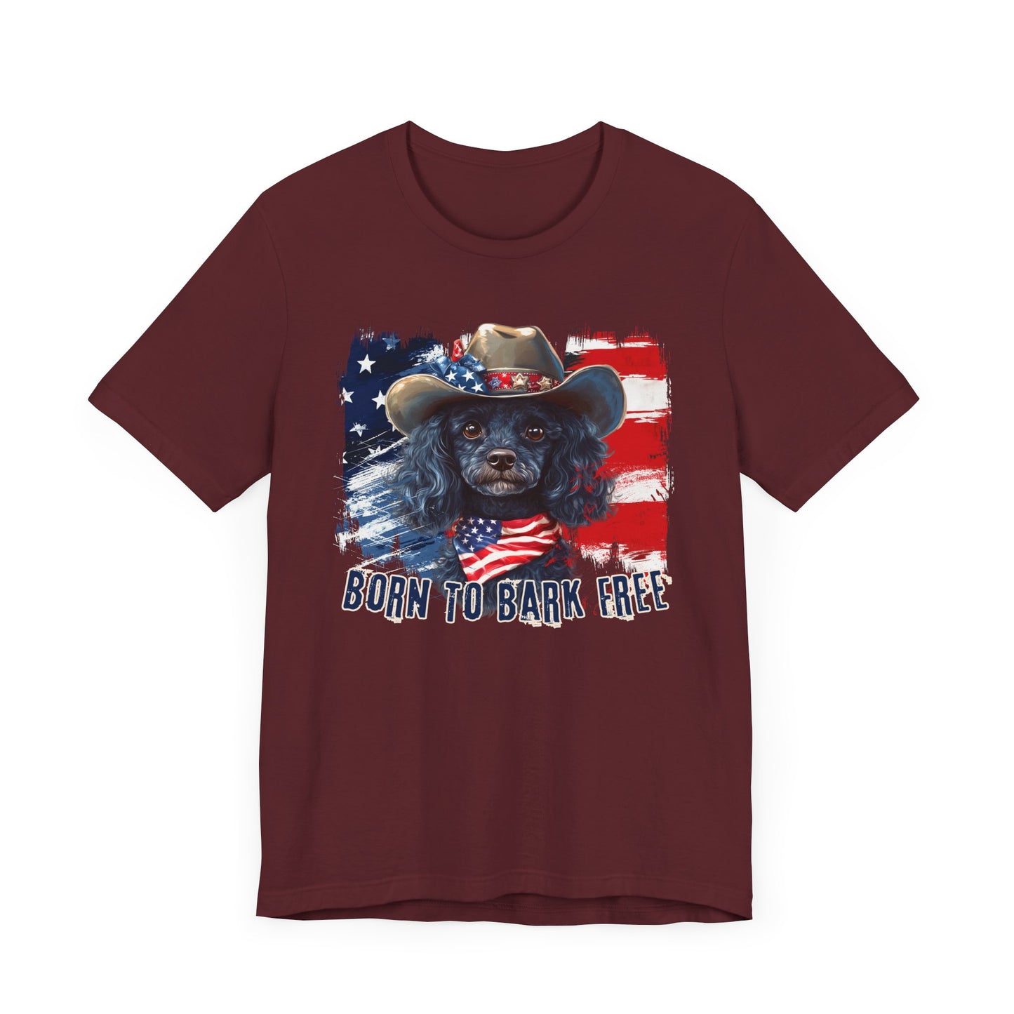 Black Poodle Patriotic T-Shirt "Born to Bark Free" - Dog-Themed Patriotic Design