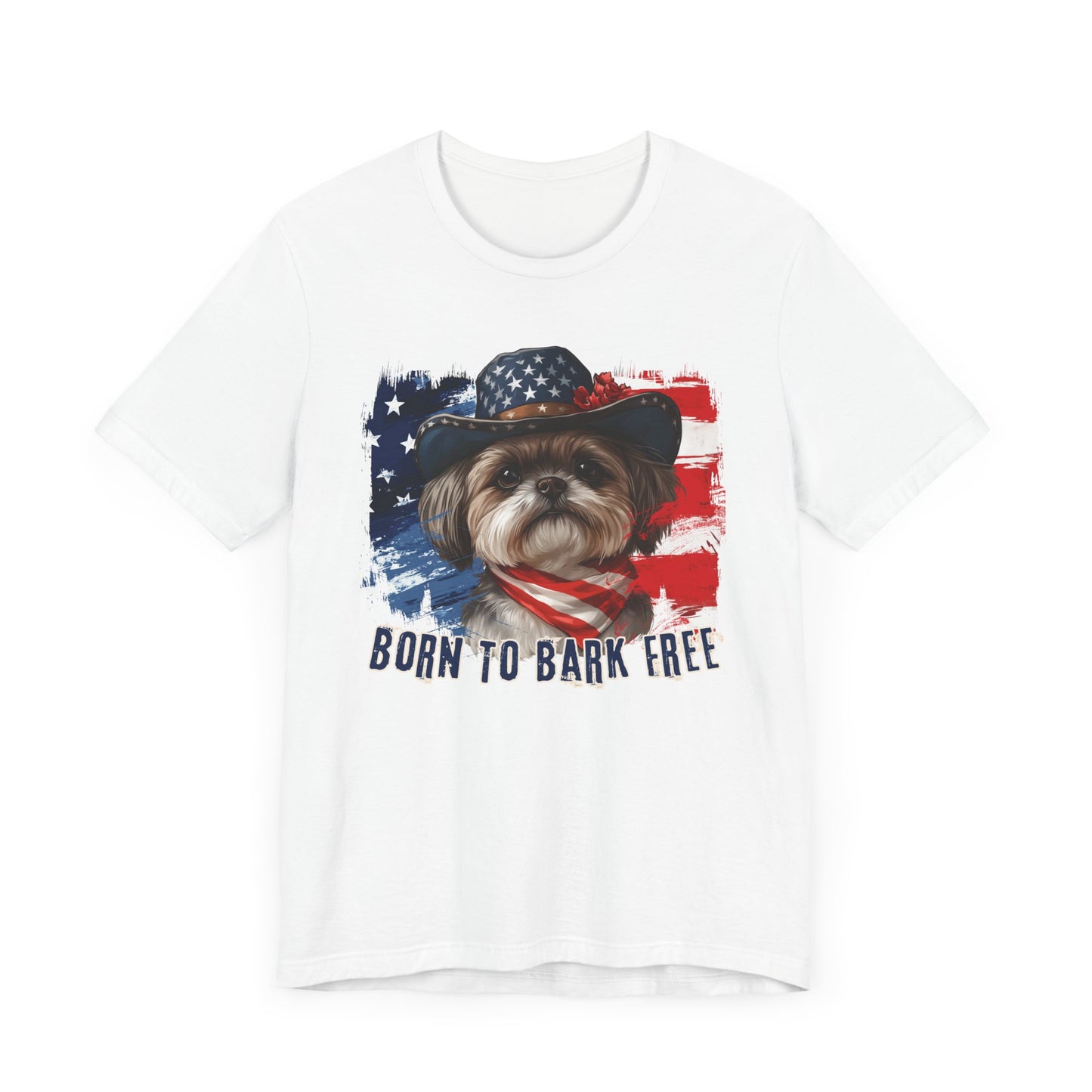 Shih Tzu Patriotic T-Shirt "Born to Bark Free" - Dog-Themed Patriotic Design