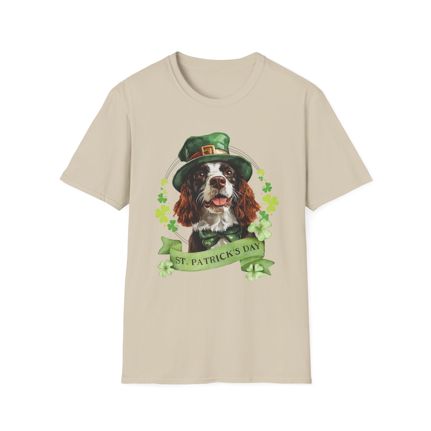 St. Patrick’s Day t-shirt featuring an English springer spaniel dog with a shamrock garland and festive Irish design