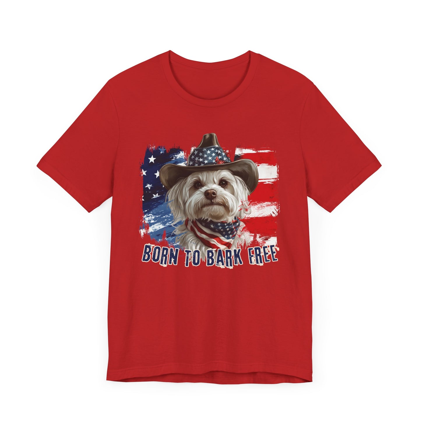Maltese Patriotic T-Shirt "Born to Bark Free" - Dog-Themed Patriotic Design