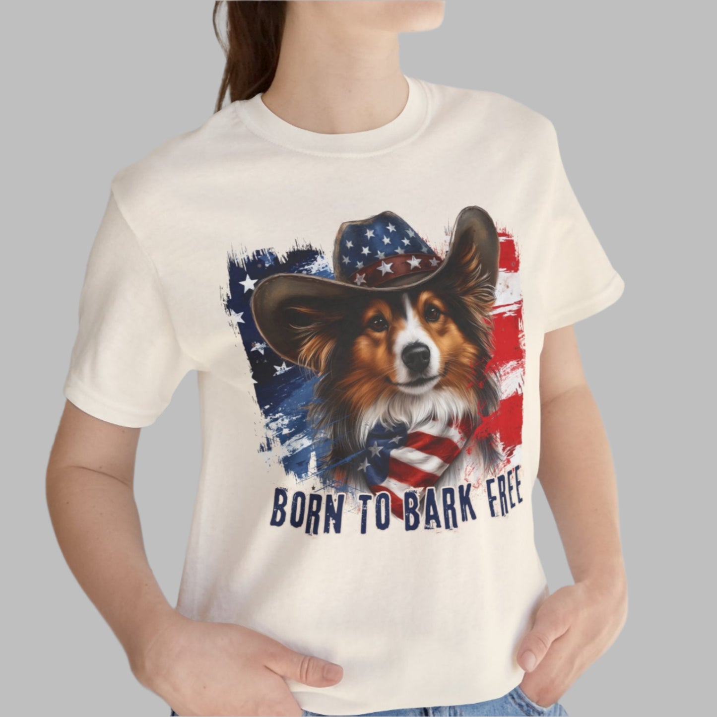 Sheltie Patriotic T-Shirt "Born to Bark Free" - Dog-Themed Patriotic Design