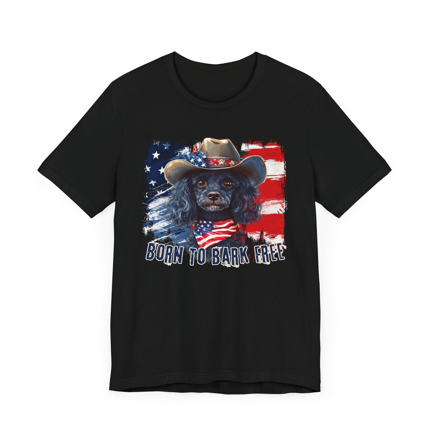Black Poodle Patriotic T-Shirt "Born to Bark Free" - Dog-Themed Patriotic Design