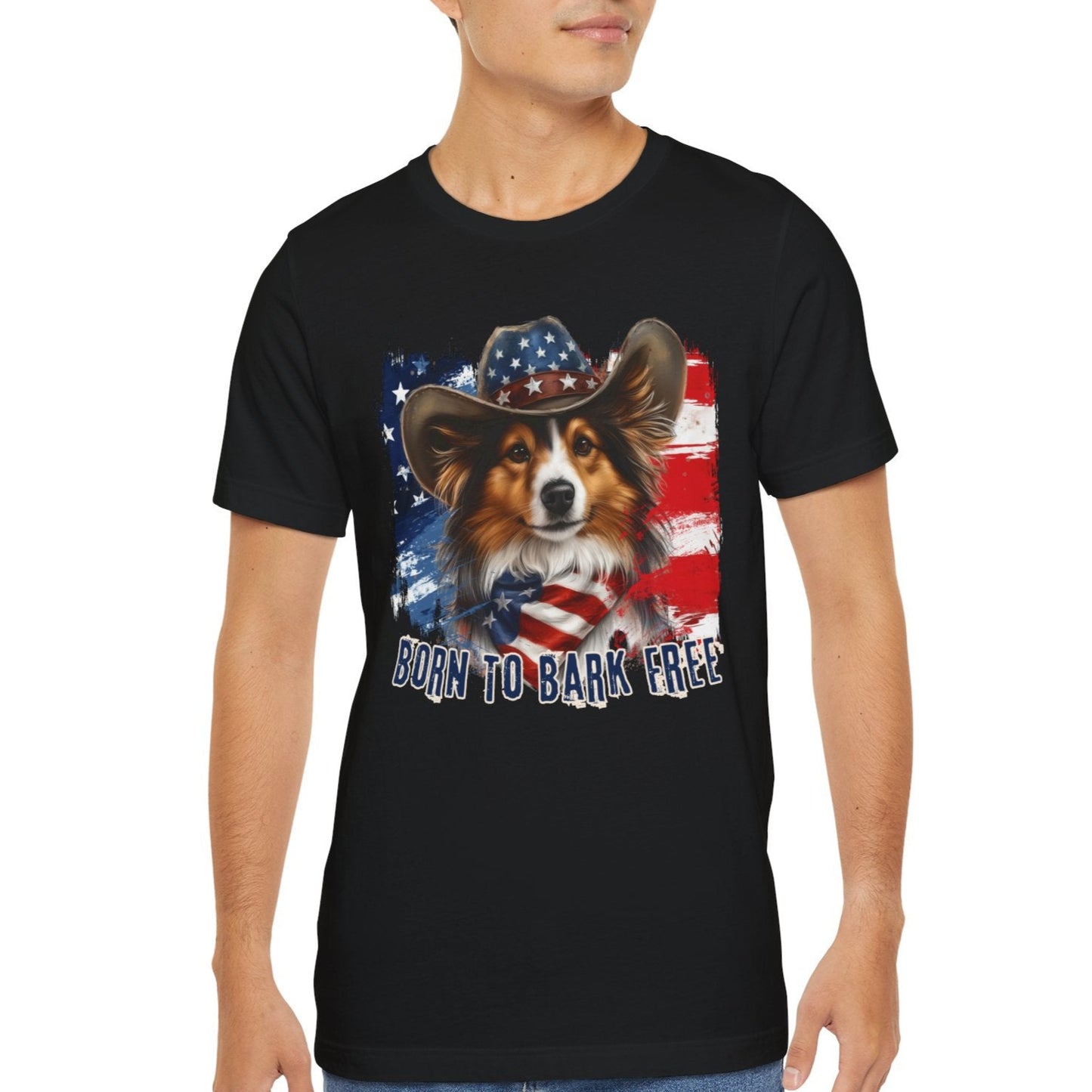 born to bark free sheltie patriotic t-shirt