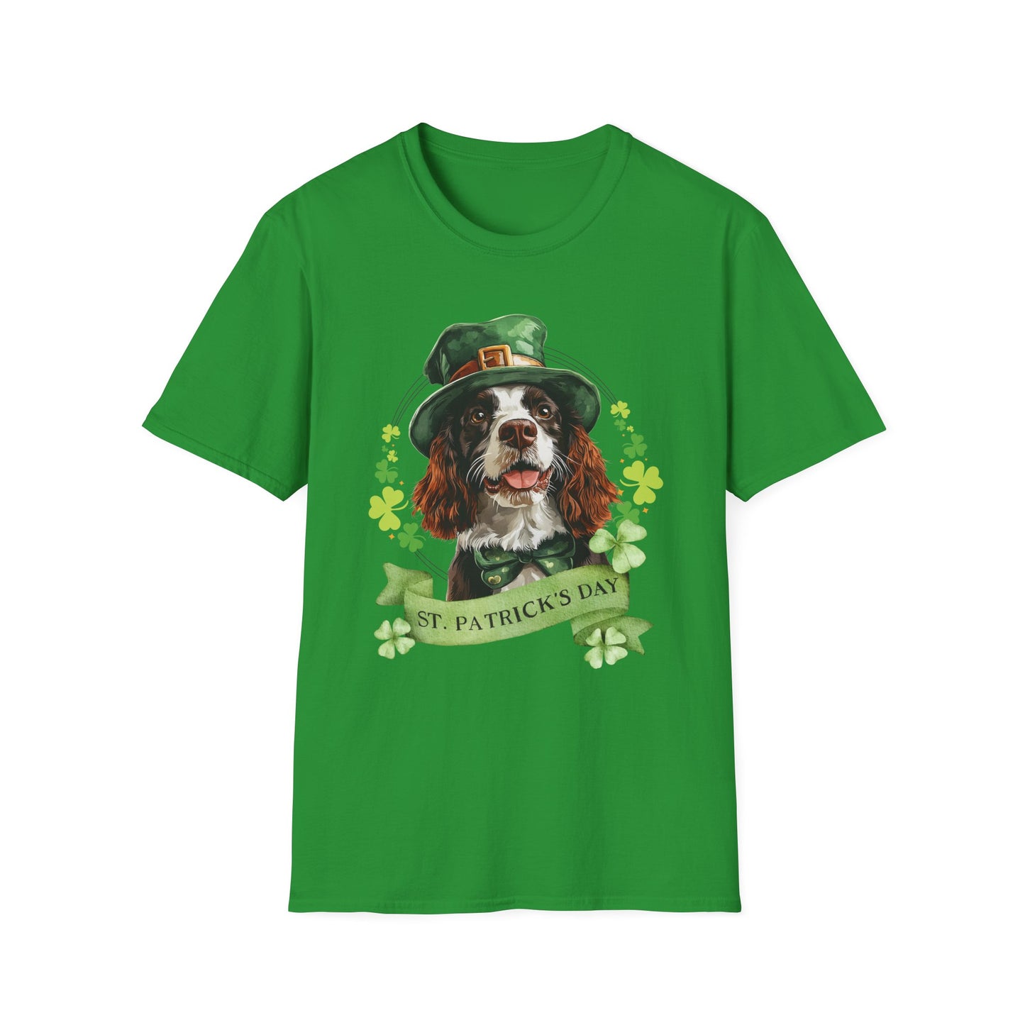 St. Patrick’s Day t-shirt irish green color featuring an English springer spaniel dog with a shamrock garland and festive Irish design