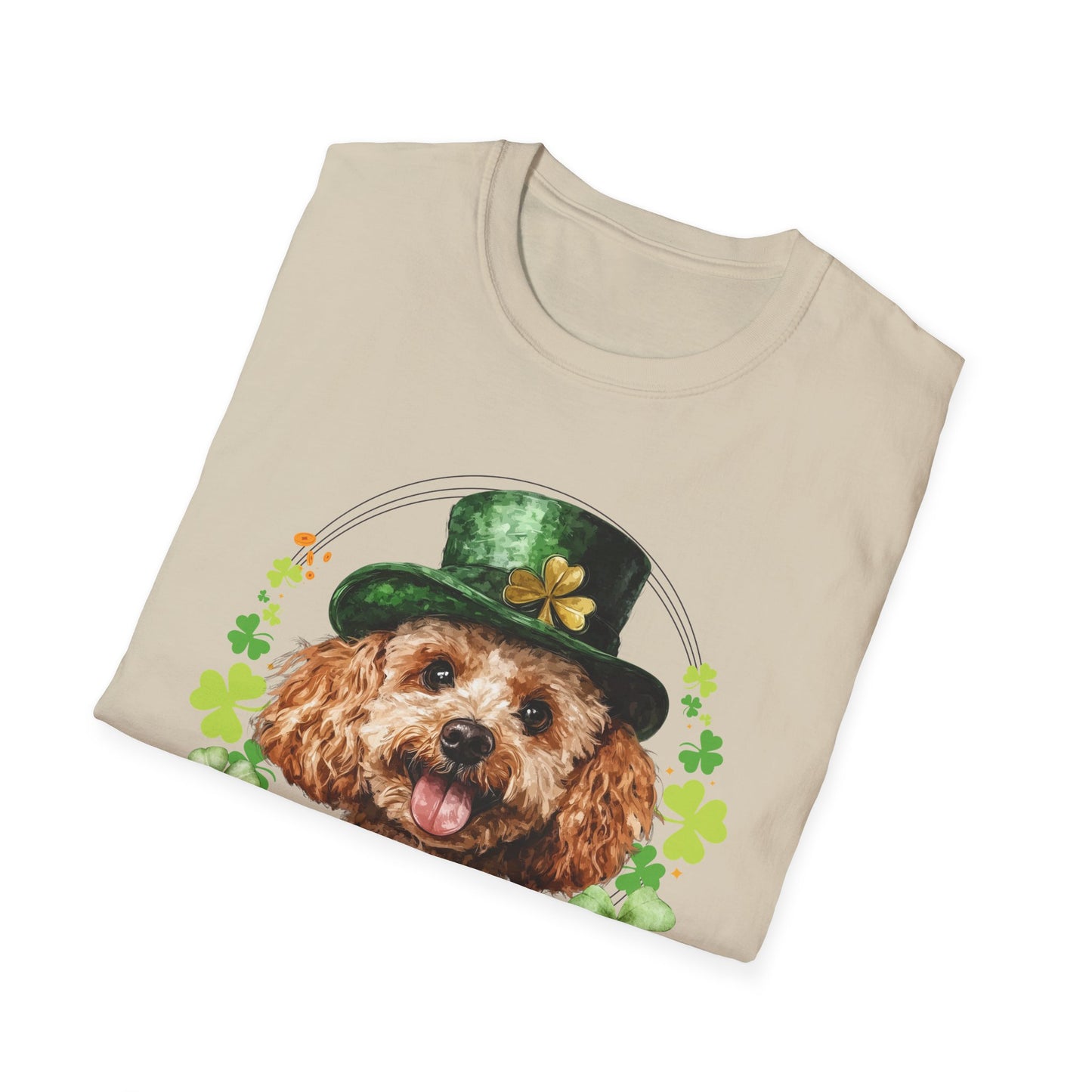St. Patrick’s Day folded t-shirt gift for dog lovers featuring a toy poodle dog with a shamrock garland and festive Irish design