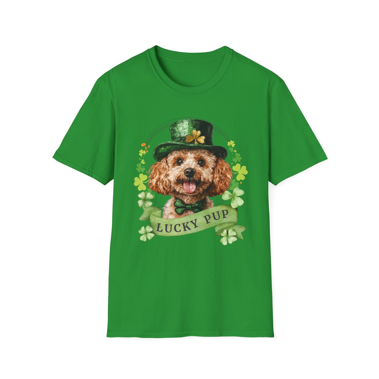 St. Patrick’s Day irish green t-shirt gift for dog lovers featuring a toy poodle dog with a shamrock garland and festive Irish design