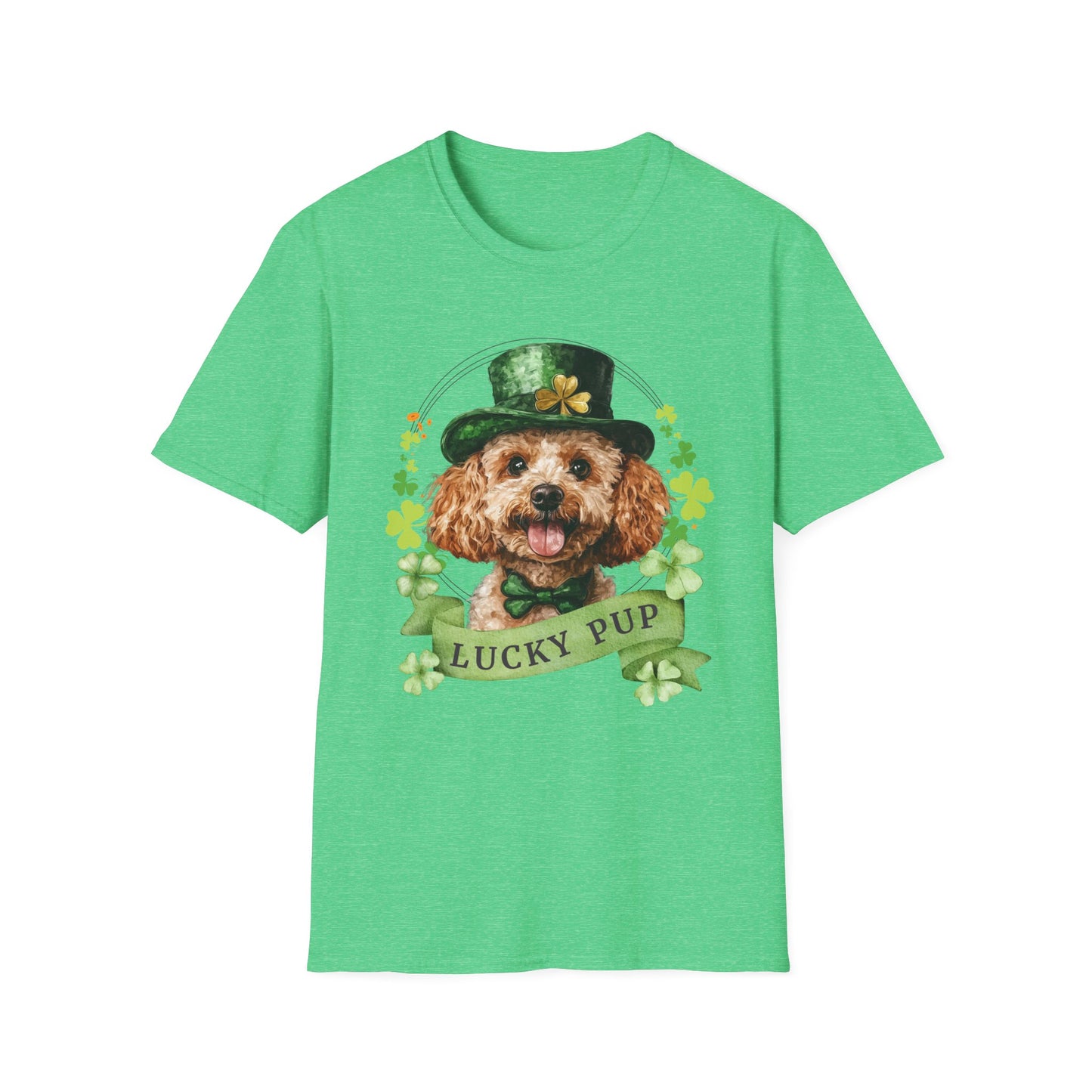 St. Patrick’s Day heather kelly green t-shirt gift for dog lovers featuring a toy poodle dog with a shamrock garland and festive Irish design