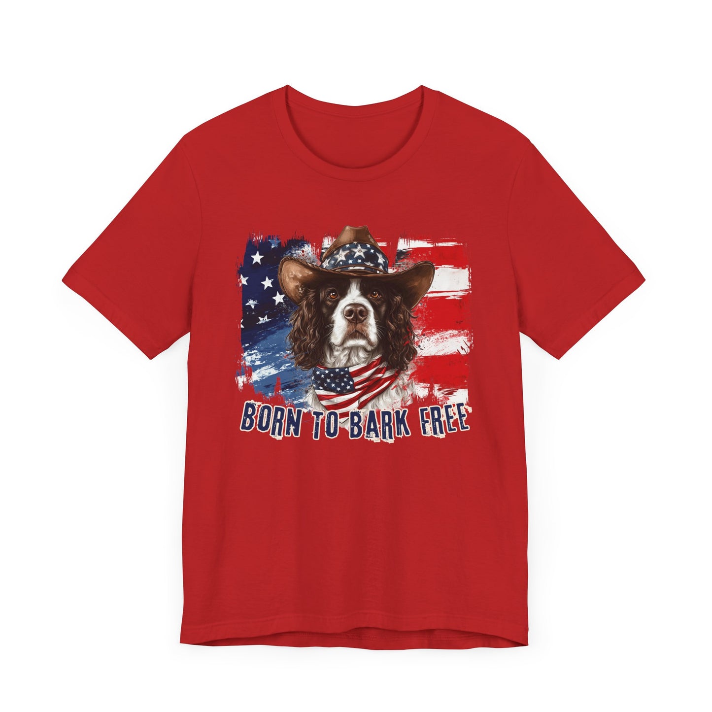 English Springer Spaniel Patriotic T-Shirt "Born to Bark Free" - Dog-Themed Patriotic Design