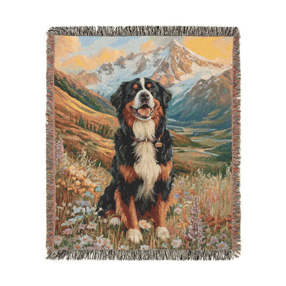 Bernese Mountain Dog on a Alpine Meadow – Woven Blanket - Floral Dog Design for Home Comfort