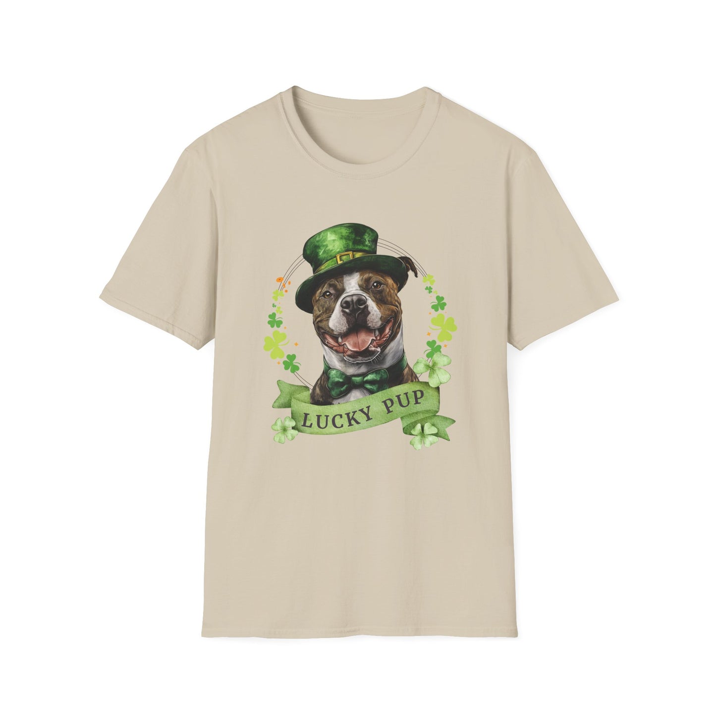St. Patrick’s Day sand t-shirt featuring a stafforshire bull terrier with a shamrock garland and festive Irish design
