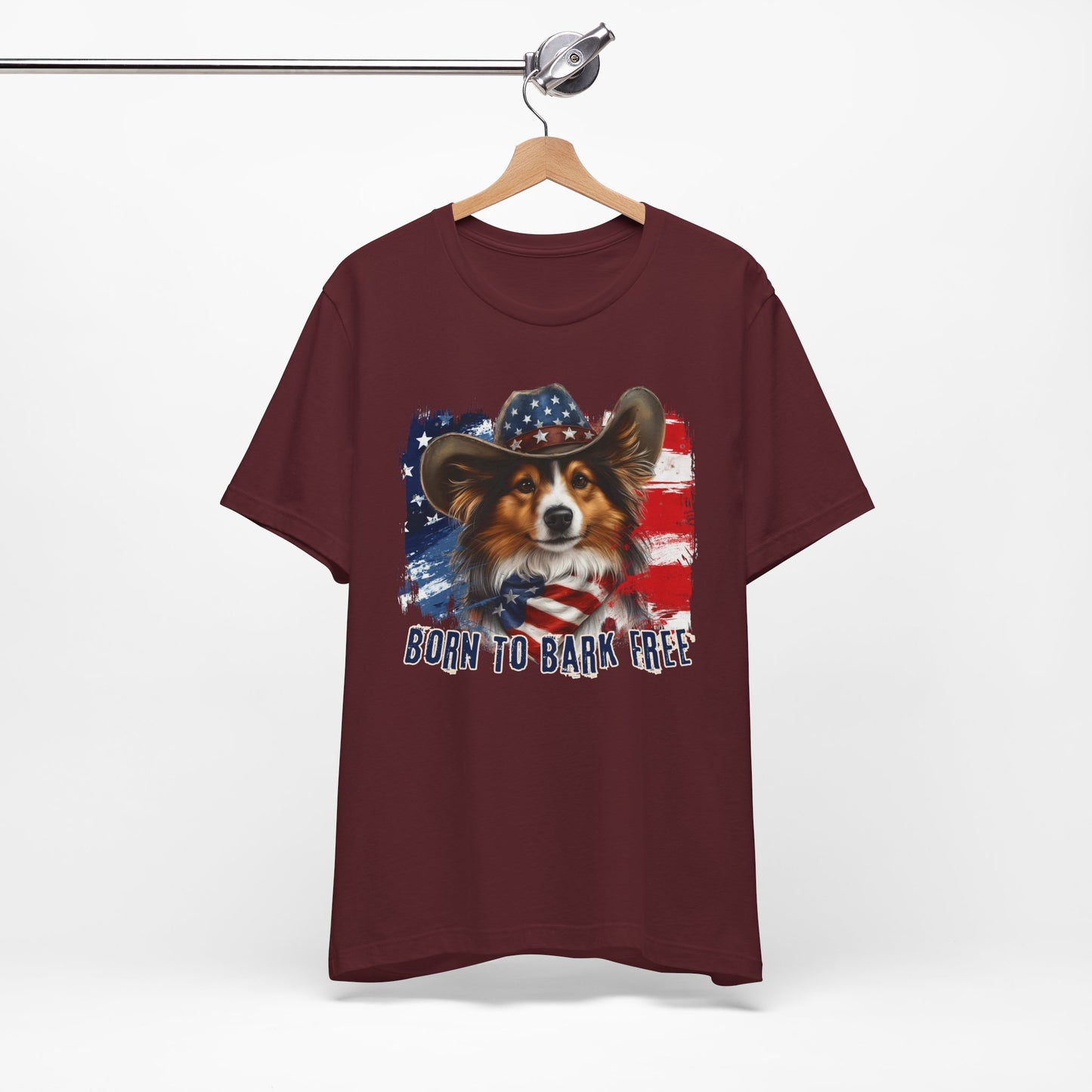 Sheltie Patriotic T-Shirt "Born to Bark Free" - Dog-Themed Patriotic Design