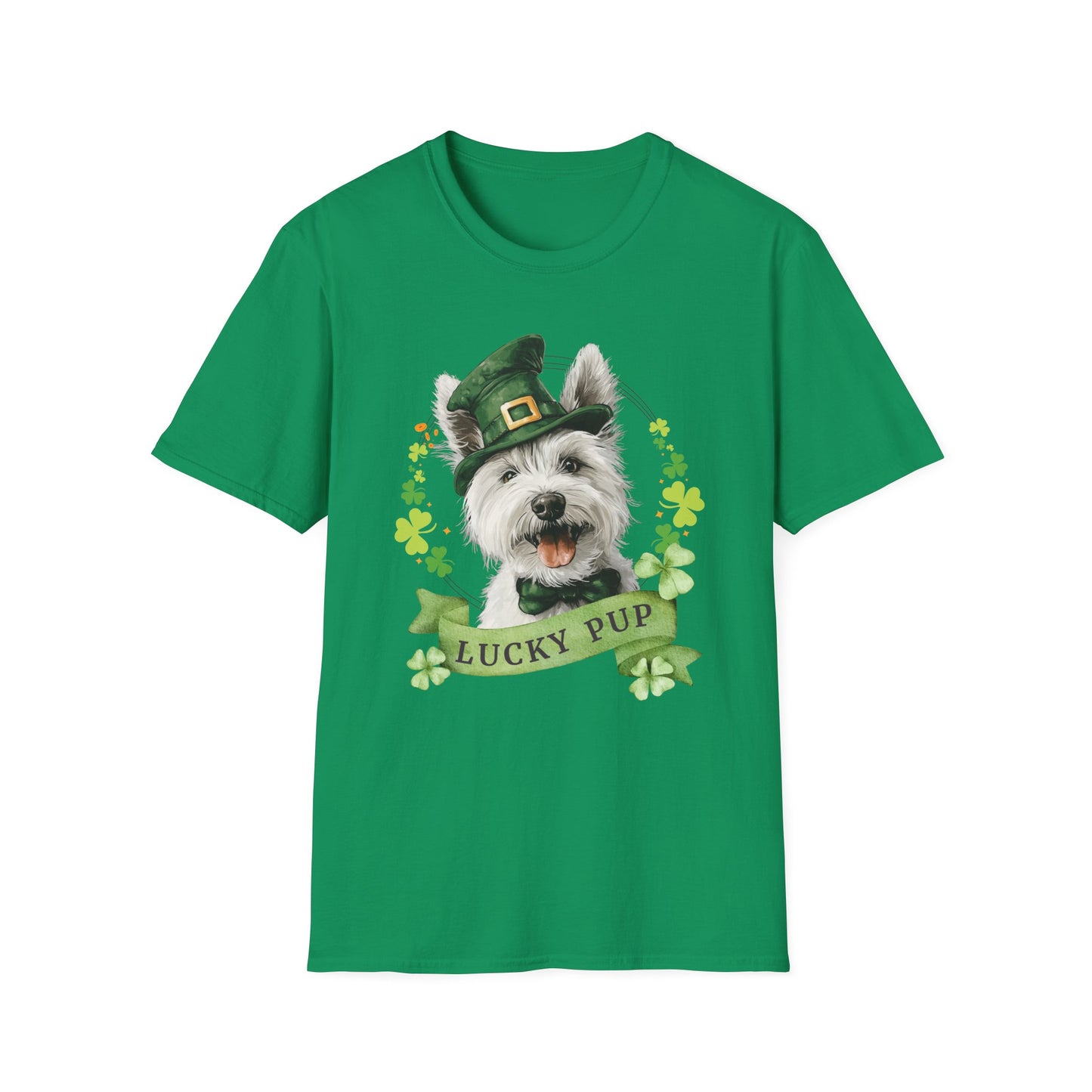 St. Patrick’s Day t-shirt featuring west highland white terrier dog with a shamrock garland and festive Irish design