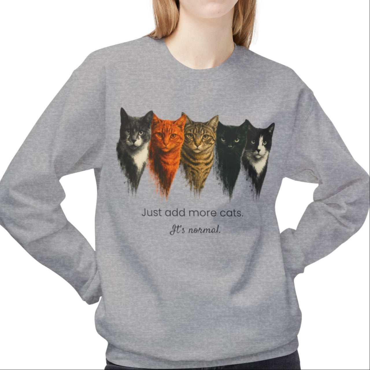 Person wearing a sport gray cat lover sweatshirt with cat illustrations and text on a white background