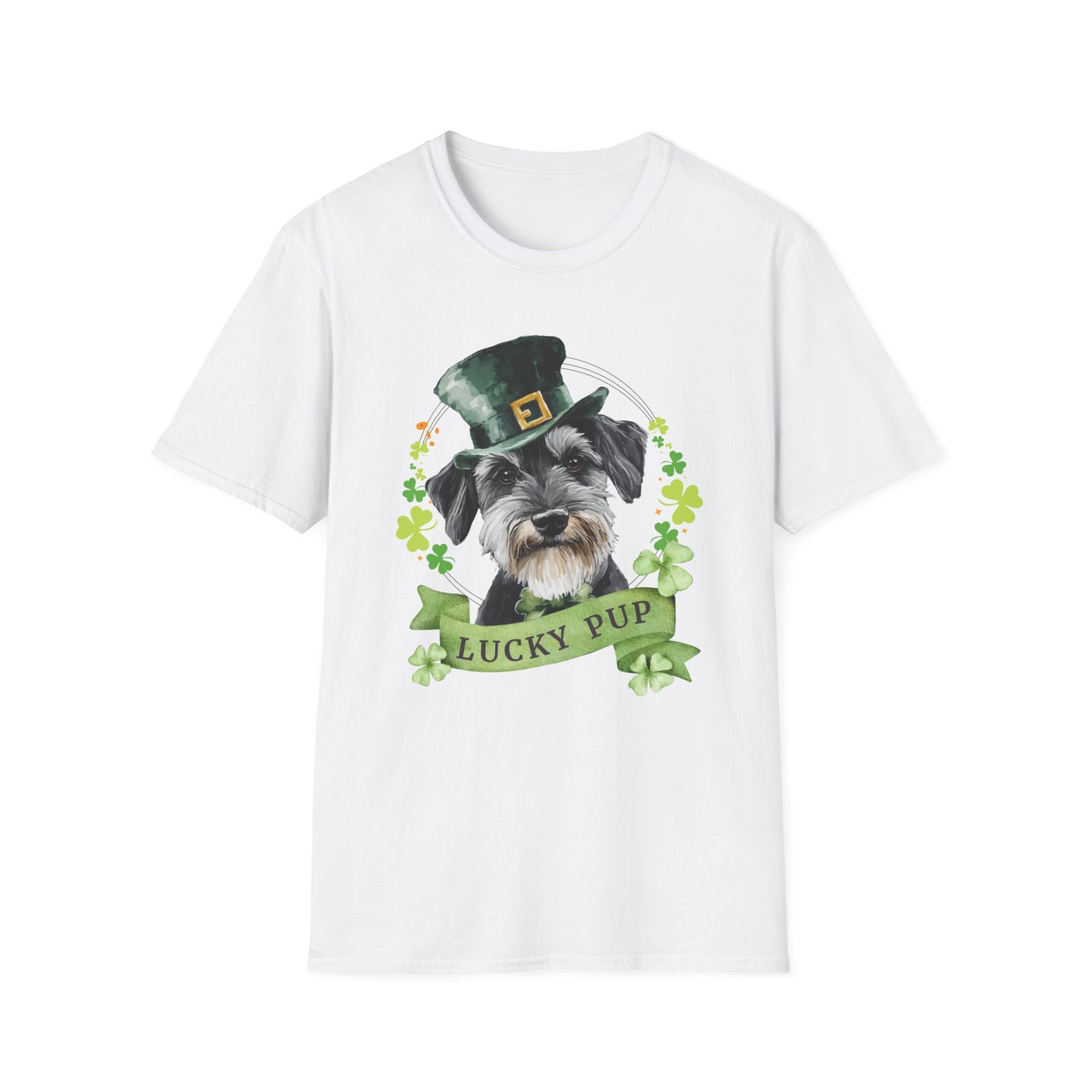 St. Patrick’s Day t-shirt featuring a Papillon dog with a shamrock garland and festive Irish design