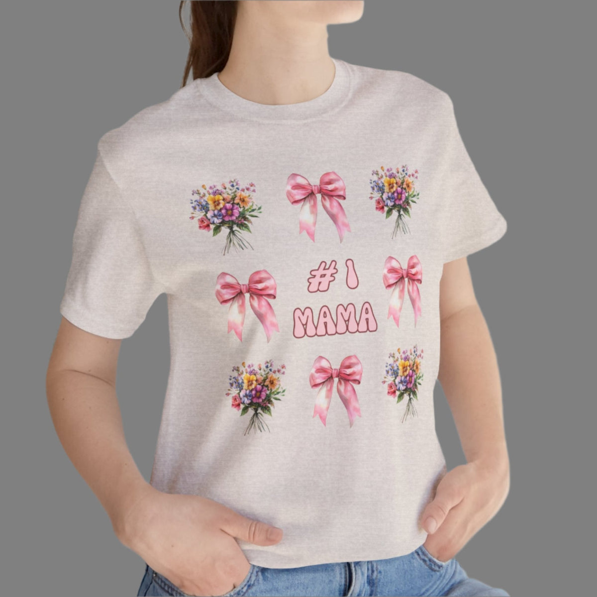 #1 Mama T-Shirt – Soft Cotton Tee with Pink Bows & Florals – Gift for Mom