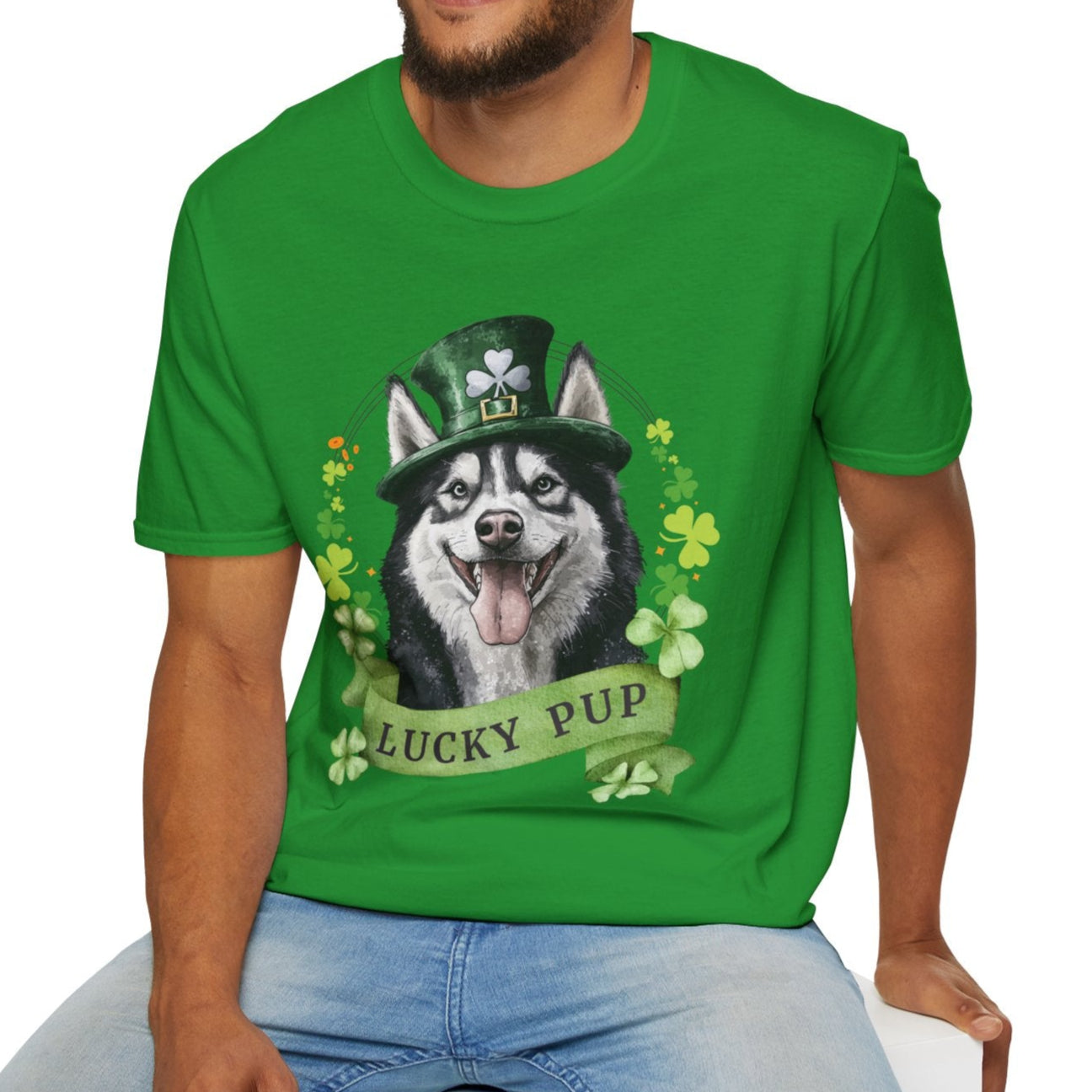 A man in irish green kSt. Patrick’s Day t-shirt gift for dog lovers featuring Siberian Husky dog with a shamrock garland and festive Irish design