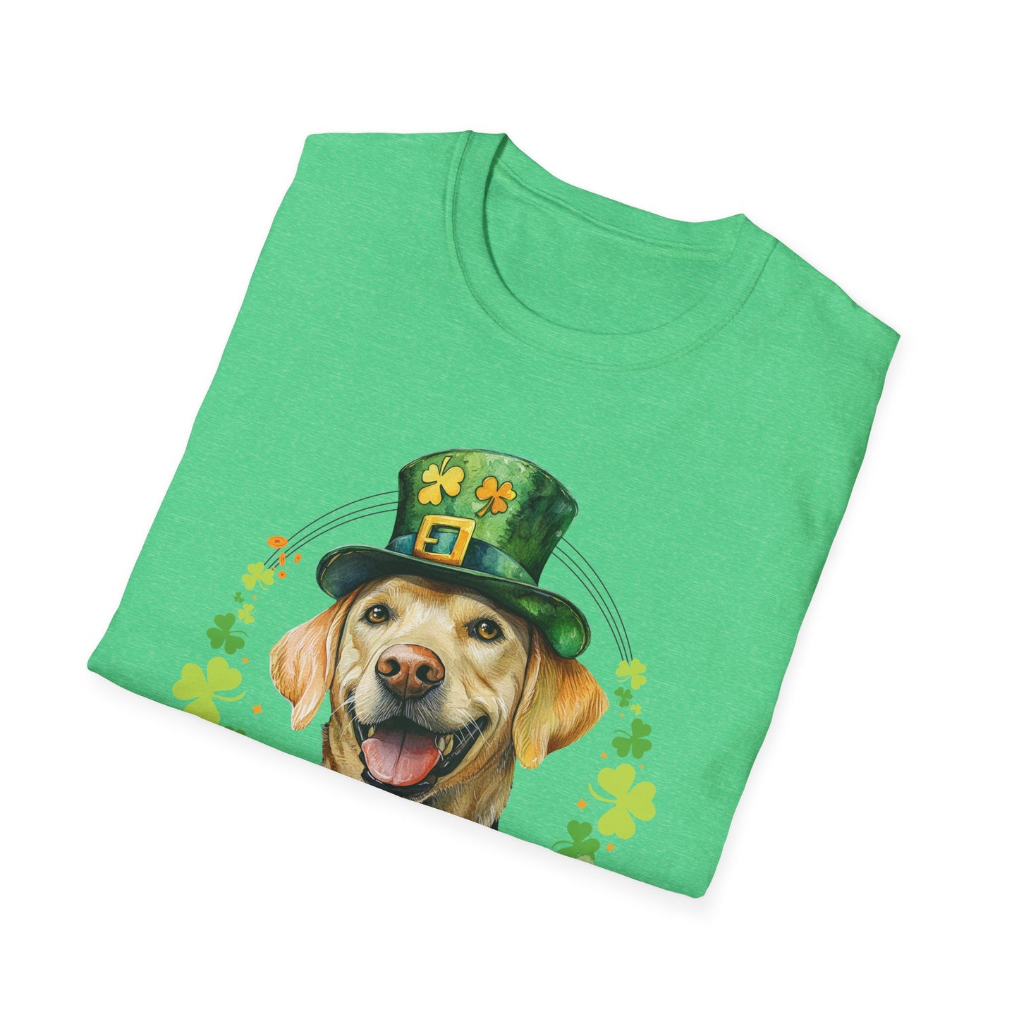 folded St. Patrick’s Day t-shirt featuring a yellow labrador retriever dog with a shamrock garland and festive Irish design