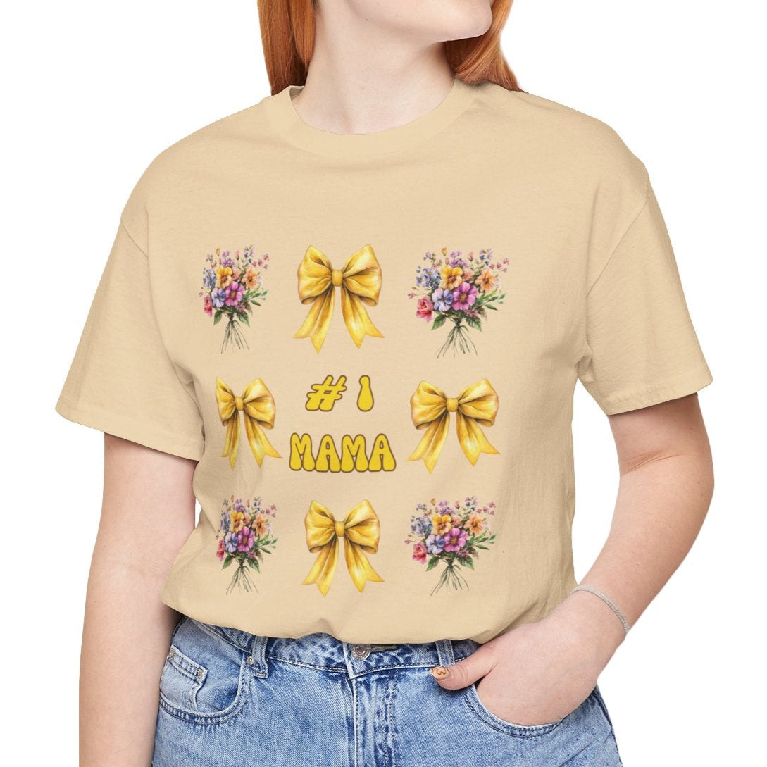 #1 Mama T-Shirt – Mother's Day Gift with Yellow Bows and Florals – Soft Cotton Tee