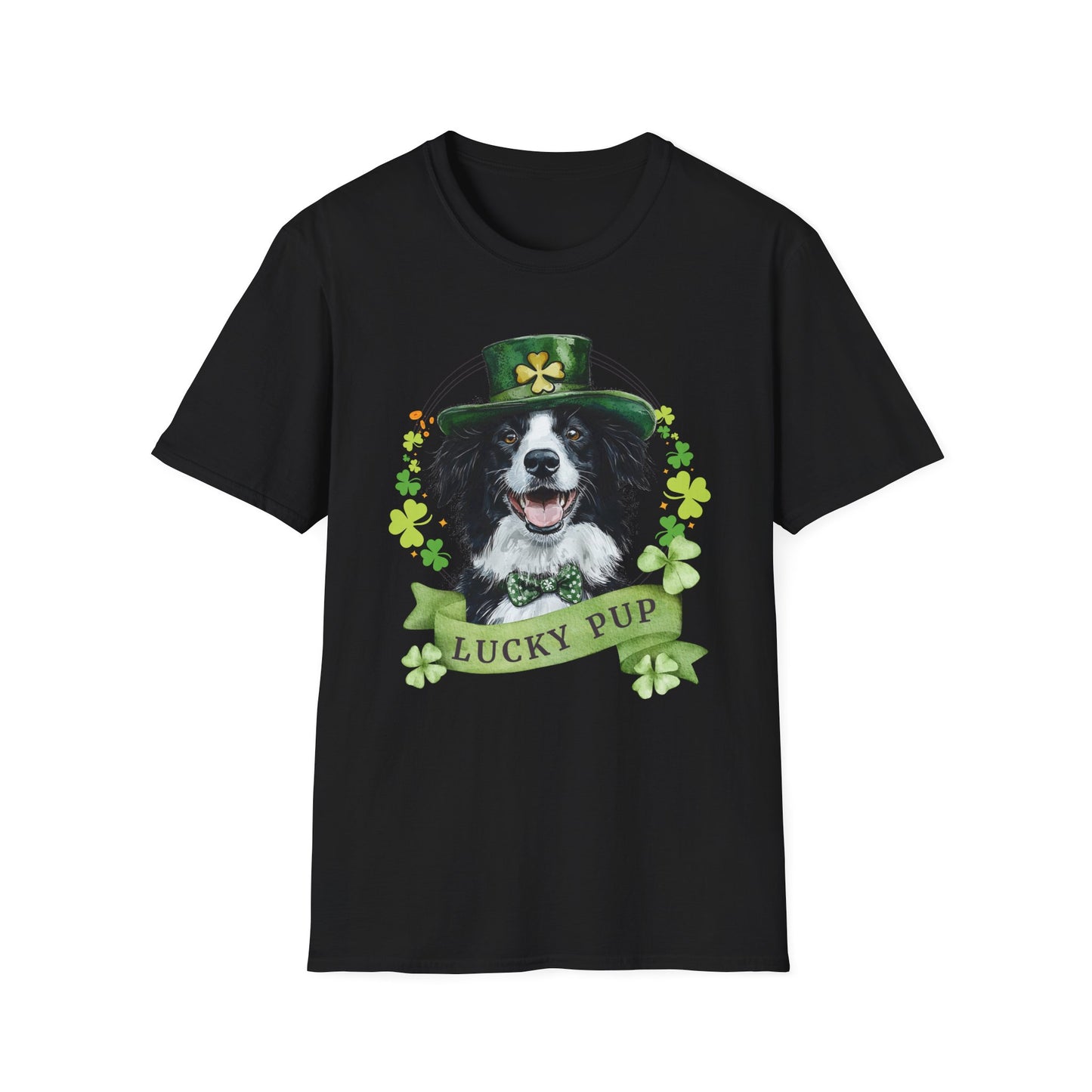 St. Patrick’s Day t-shirt featuring a Border Collie dog with a shamrock garland and festive Irish design