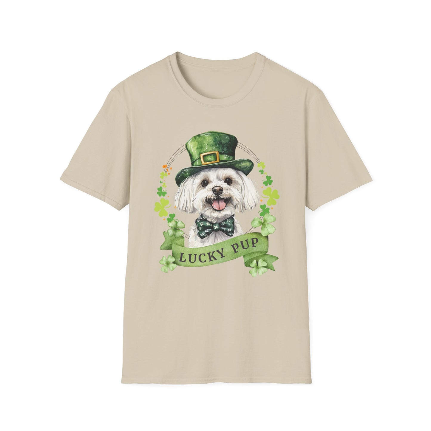 St. Patrick’s Day maltese dog sand t-shirt with a lucky shamrock print, great for dog lovers