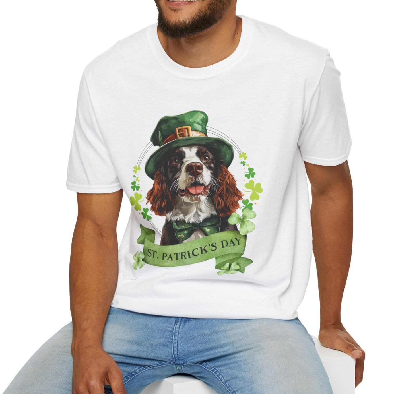 St. Patrick’s Day t-shirt featuring an English springer spaniel dog with a shamrock garland and festive Irish design