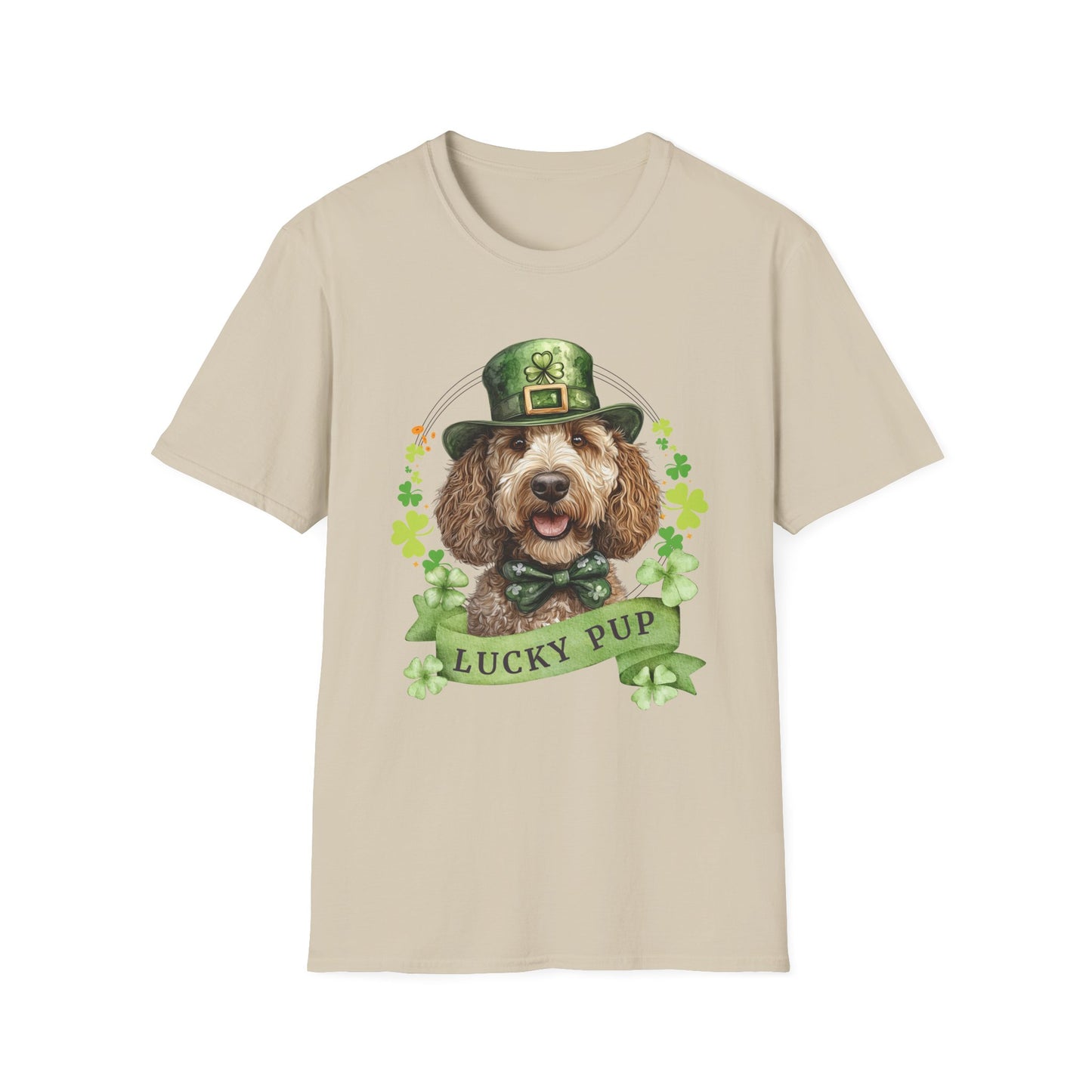 sand St. Patrick’s Day t-shirt featuring a labradoodle dog with a shamrock garland and festive Irish design