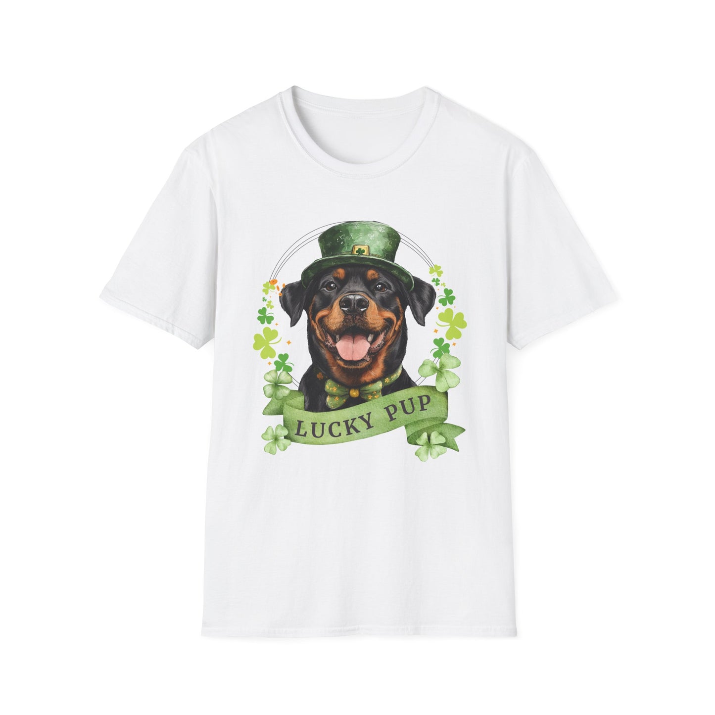 St. Patrick’s Day white t-shirt gift for dog lovers featuring a Rottweiler dog with a shamrock garland and festive Irish design