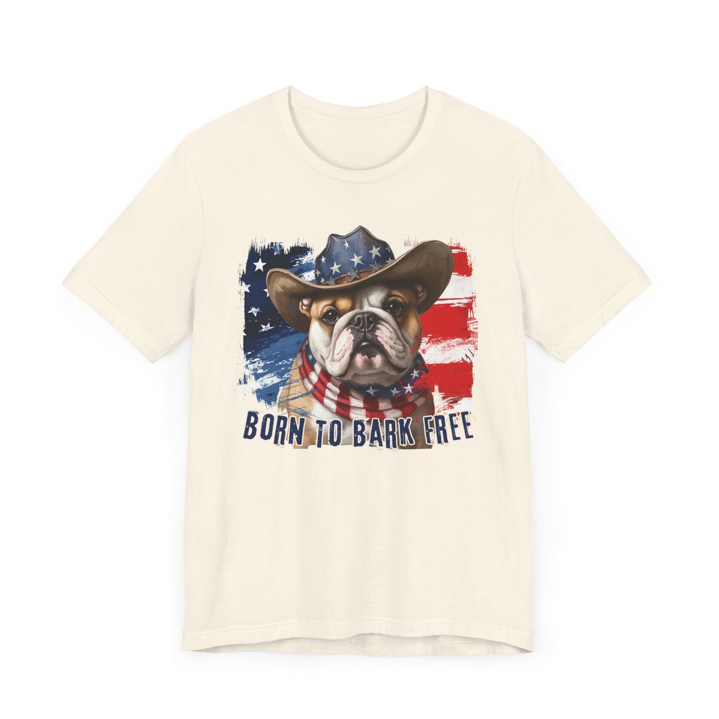 English Bulldog Patriotic T-Shirt "Born to Bark Free" - Dog-Themed Patriotic Design