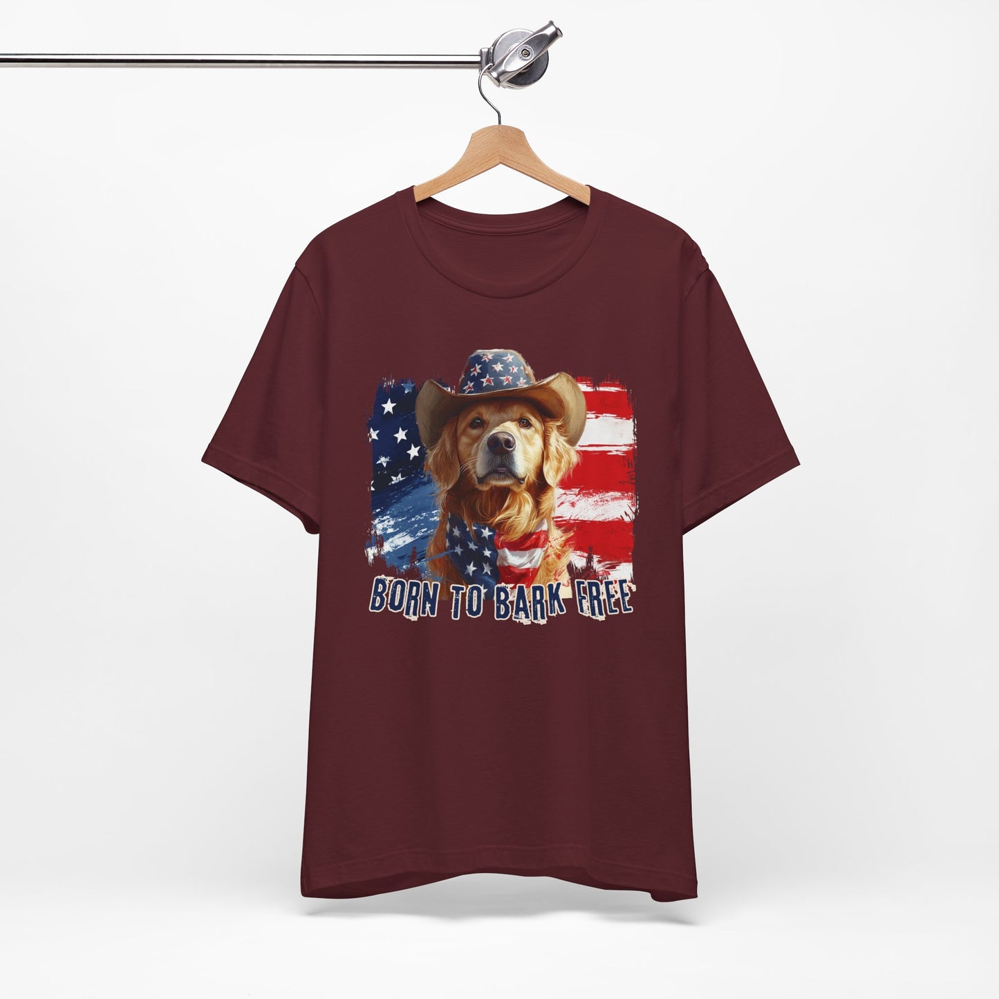 Golden Retriever Patriotic T-Shirt "Born to Bark Free" - Dog-Themed Patriotic Design