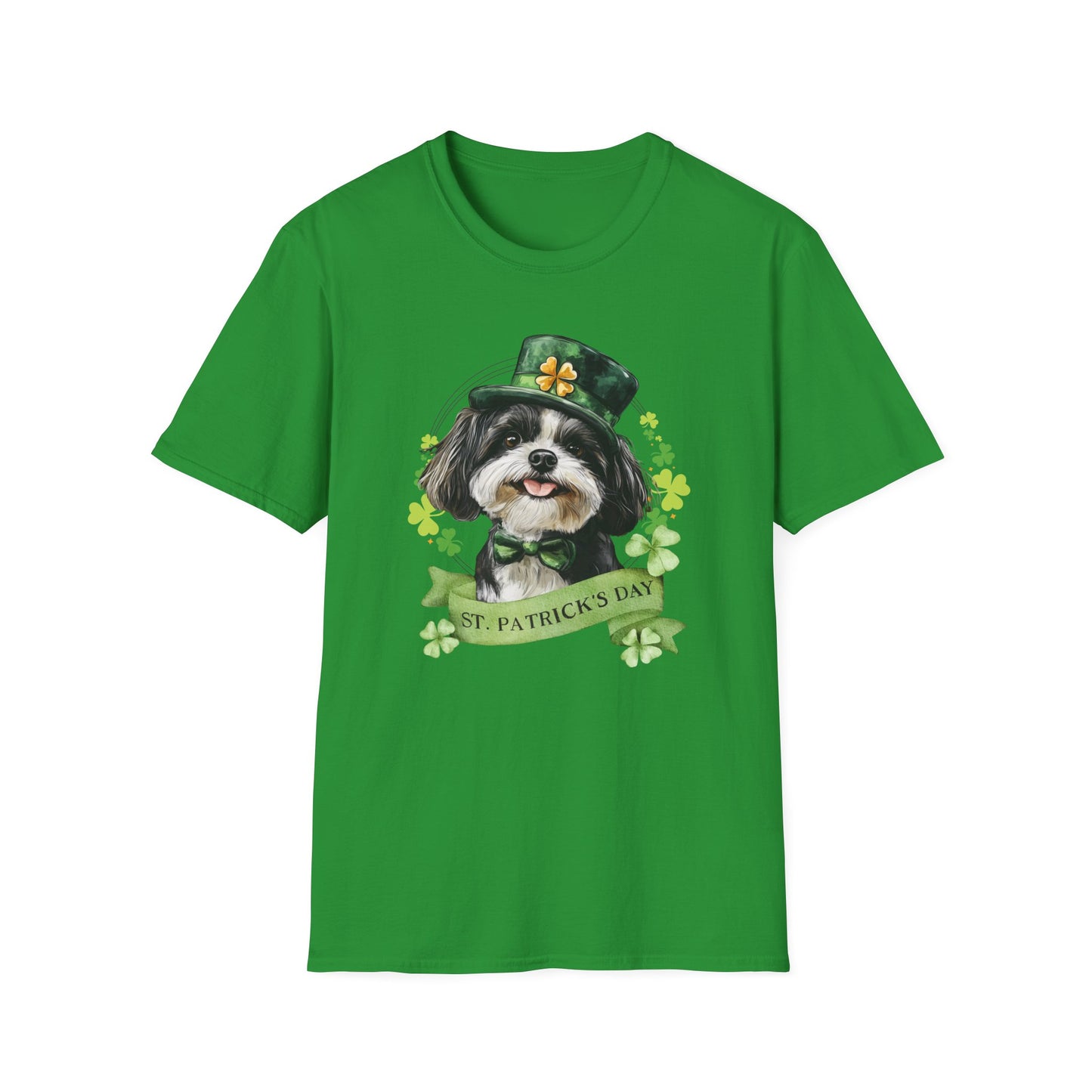 St. Patrick’s Day irish green t-shirt featuring a shih tzu dog with a shamrock garland and festive Irish design