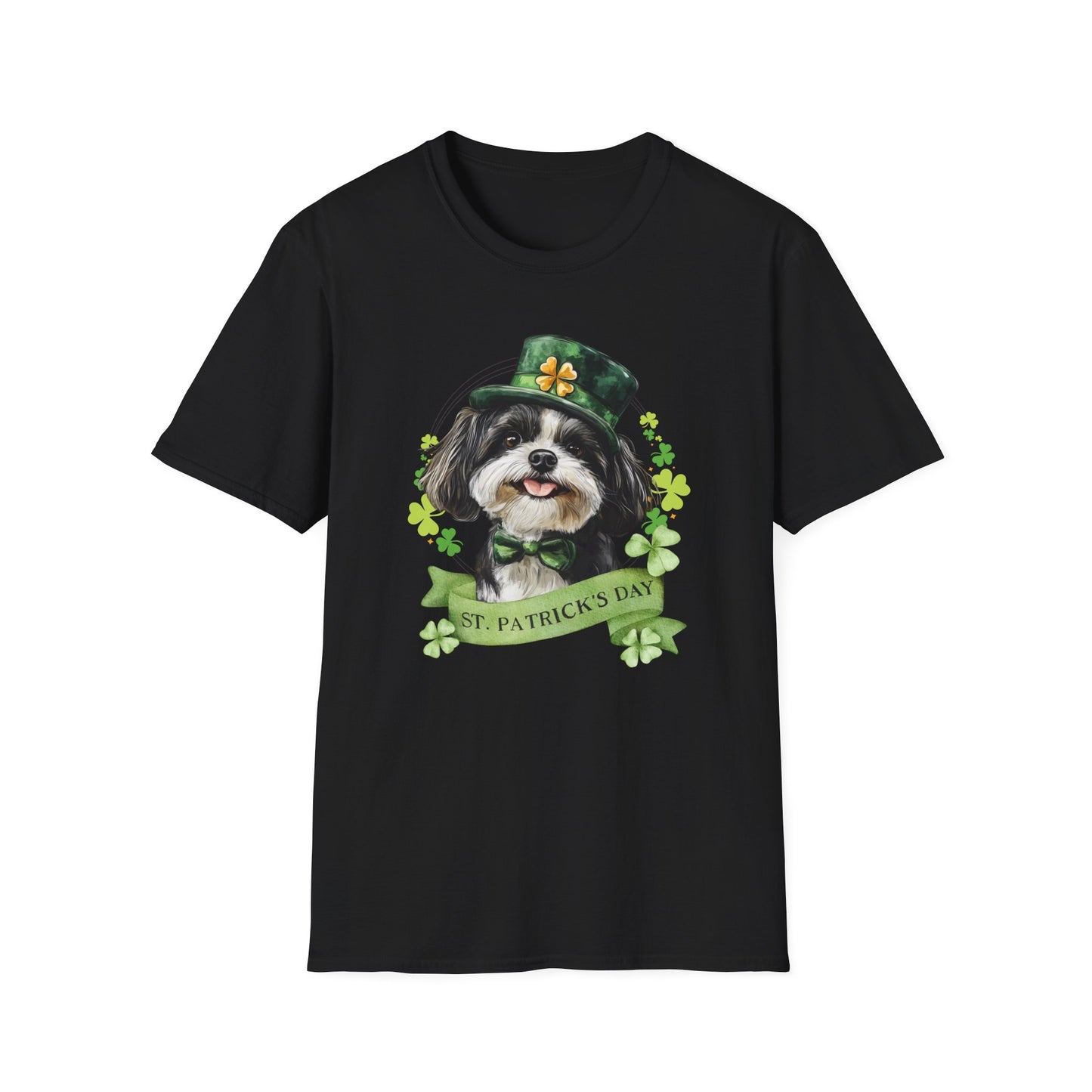 St. Patrick’s Day black t-shirt featuring a shih tzu dog with a shamrock garland and festive Irish design