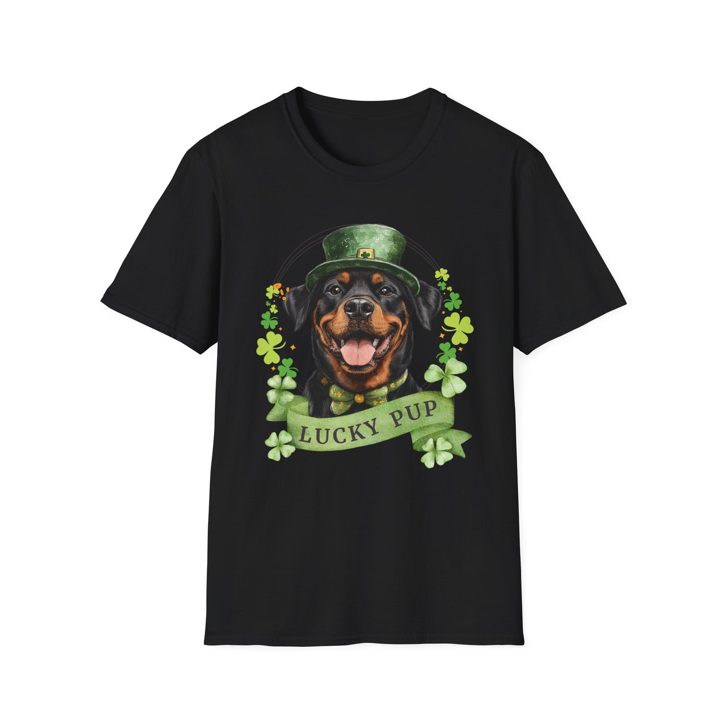 St. Patrick’s Day black t-shirt gift for dog lovers featuring a Rottweiler dog with a shamrock garland and festive Irish design