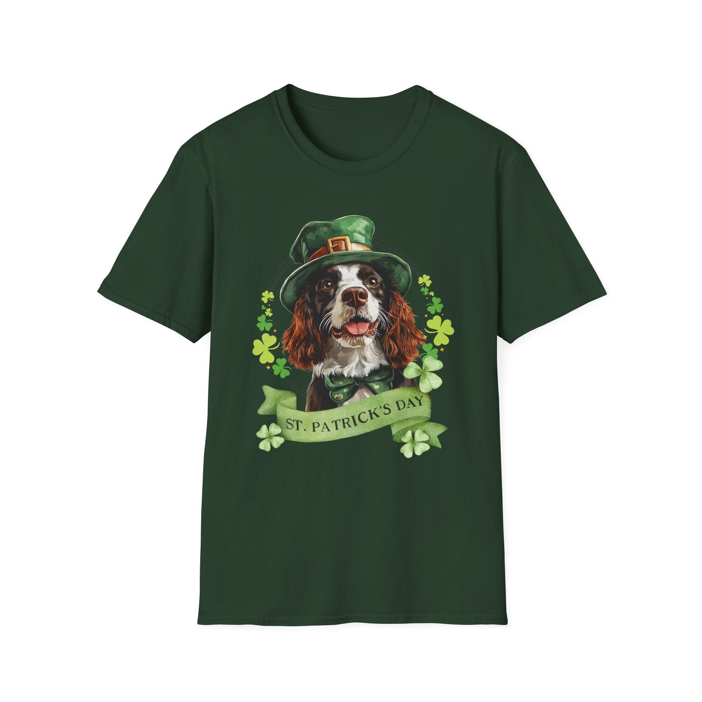 St. Patrick’s Day t-shirt featuring an English springer spaniel dog with a shamrock garland and festive Irish design