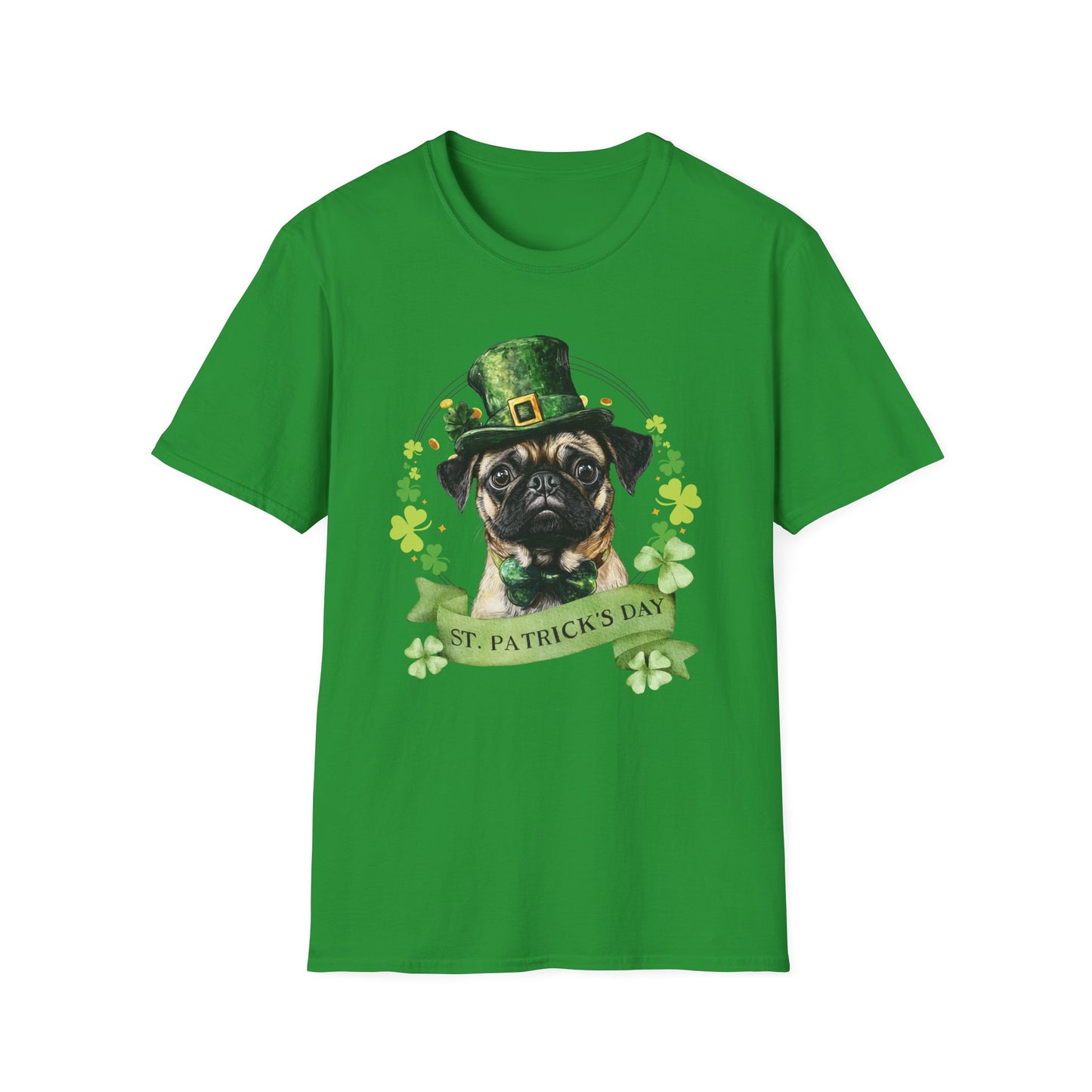 St. Patrick’s Day irish green t-shirt featuring a pug dog with a shamrock garland and festive Irish design