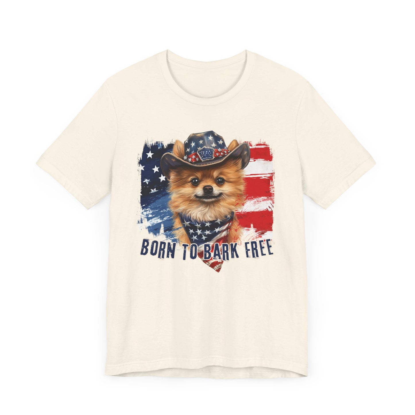 Pomeranian Patriotic T-Shirt "Born to Bark Free" - Dog-Themed Patriotic Design