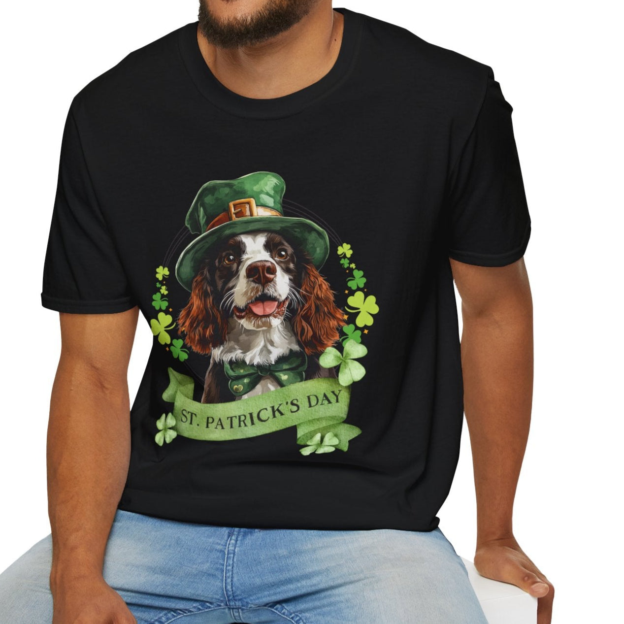 St. Patrick’s Day t-shirt featuring an English springer spaniel dog with a shamrock garland and festive Irish design