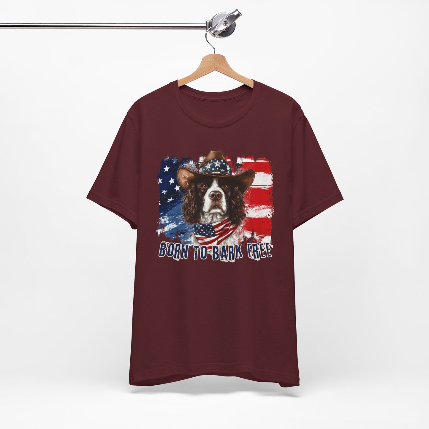 English Springer Spaniel Patriotic T-Shirt "Born to Bark Free" - Dog-Themed Patriotic Design