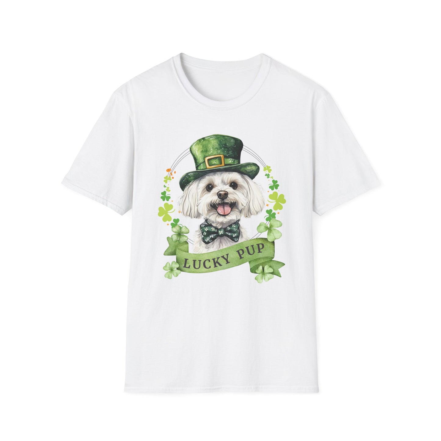 St. Patrick’s Day maltese dog white t-shirt with a lucky shamrock print, great for dog lovers