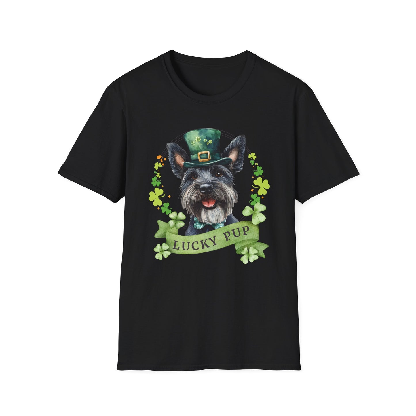 St. Patrick’s Day scottish terrier dog iblack t-shirt with a lucky shamrock print, great for dog lovers