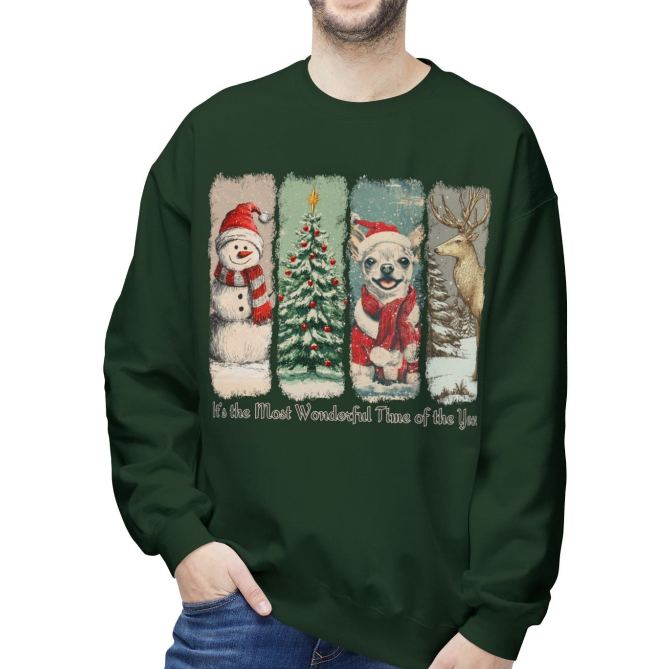 Man wearing a green Christmas-themed sweatshirt with festive illustrations on a white background