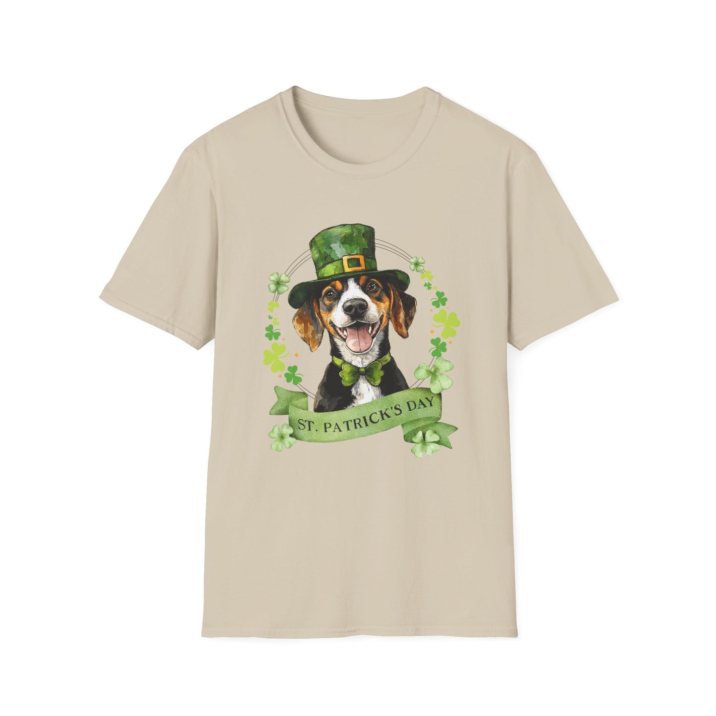 St. Patrick’s Day sand t-shirt featuring a Beagle dog with a shamrock garland and festive Irish design