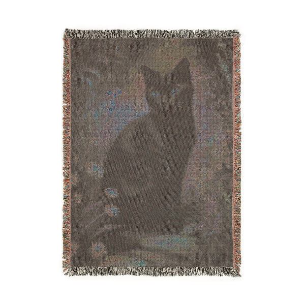 Black Cat in a Moonlit Garden – Woven Blanket - Floral Cat Design for Home Comfort - Customization available