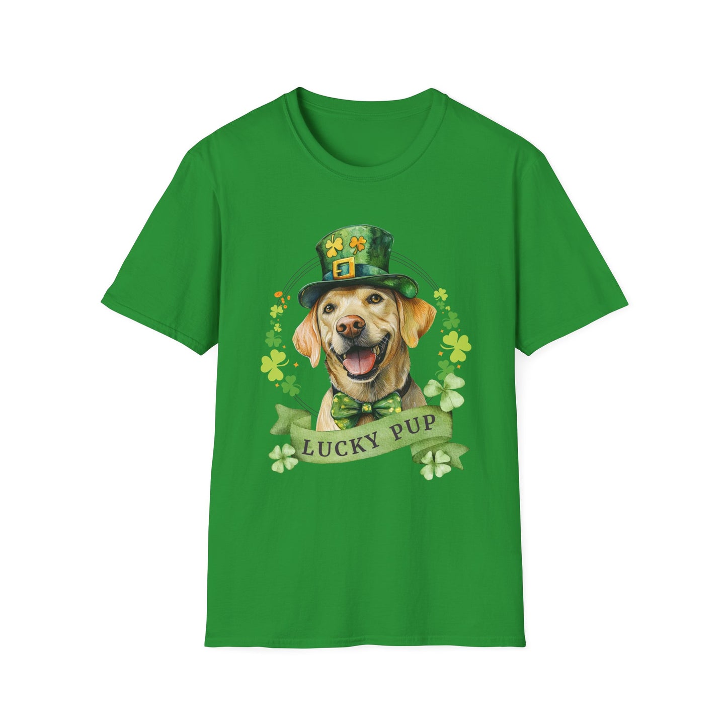 Irish green St. Patrick’s Day t-shirt featuring a yellow labrador retriever dog with a shamrock garland and festive Irish design