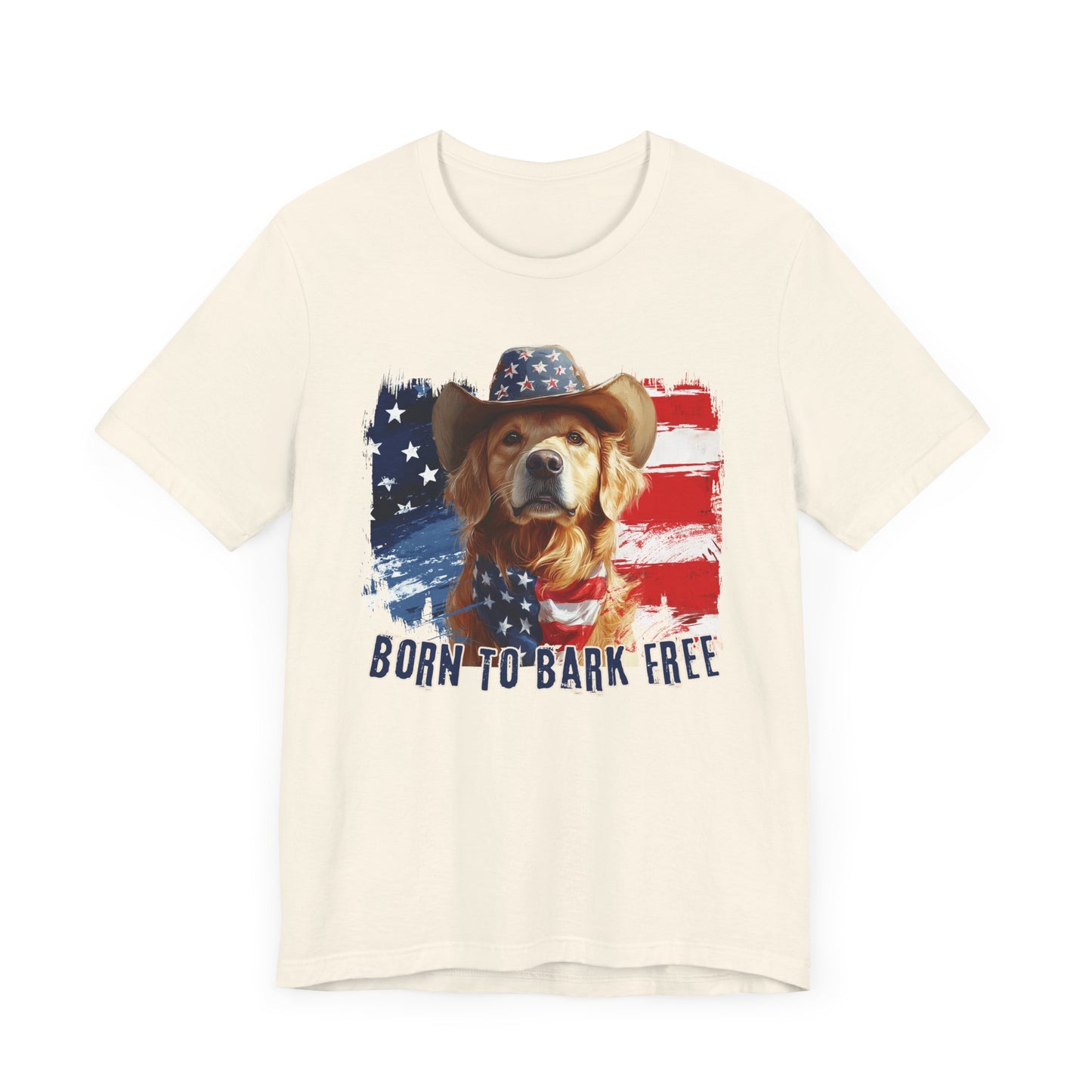 Golden Retriever Patriotic T-Shirt "Born to Bark Free" - Dog-Themed Patriotic Design