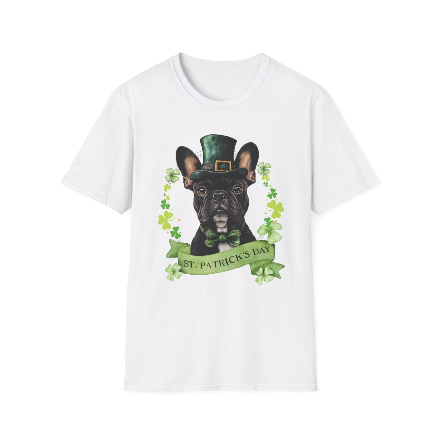 white St. Patrick’s Day t-shirt featuring French Bulldog with a shamrock garland and festive Irish design