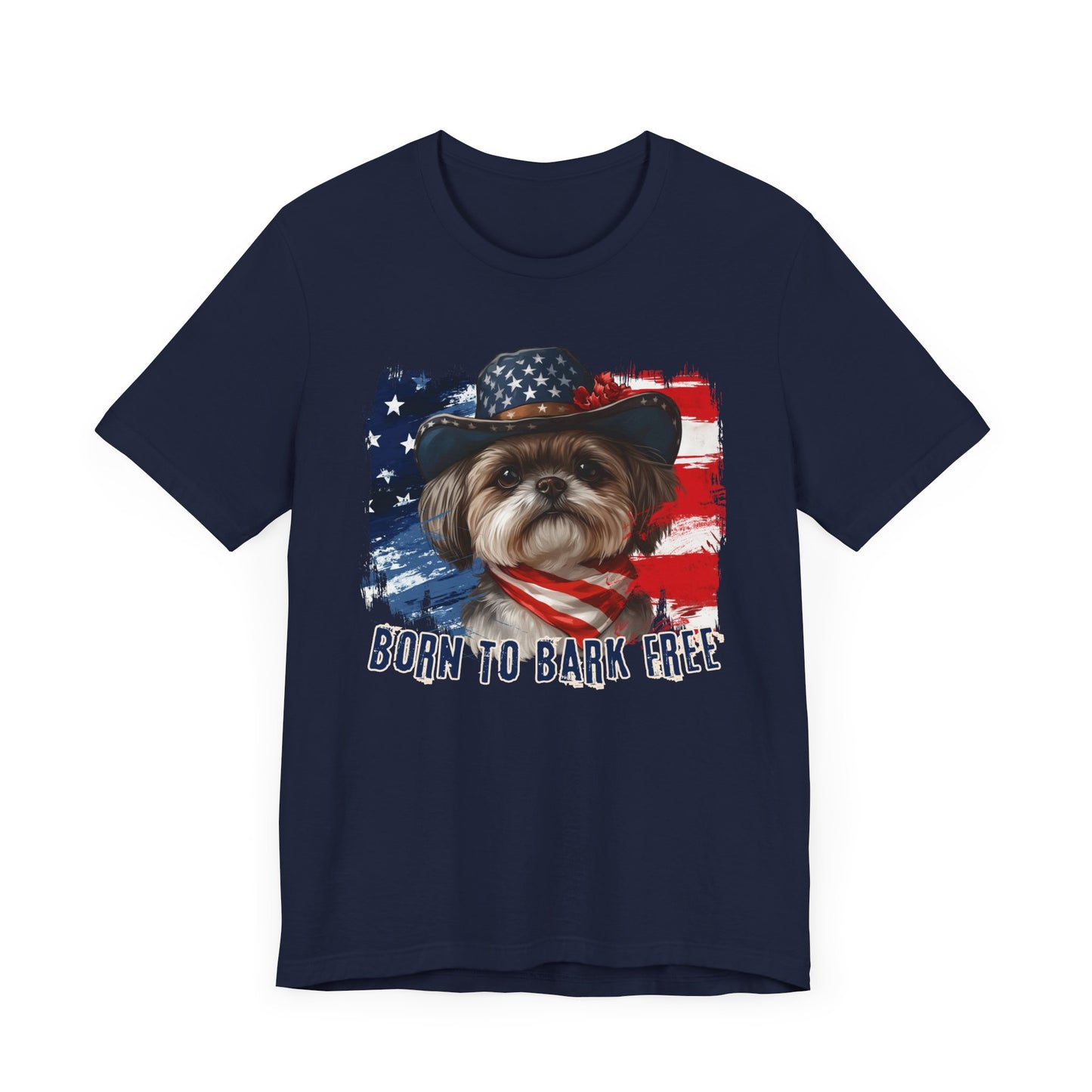 Shih Tzu Patriotic T-Shirt "Born to Bark Free" - Dog-Themed Patriotic Design