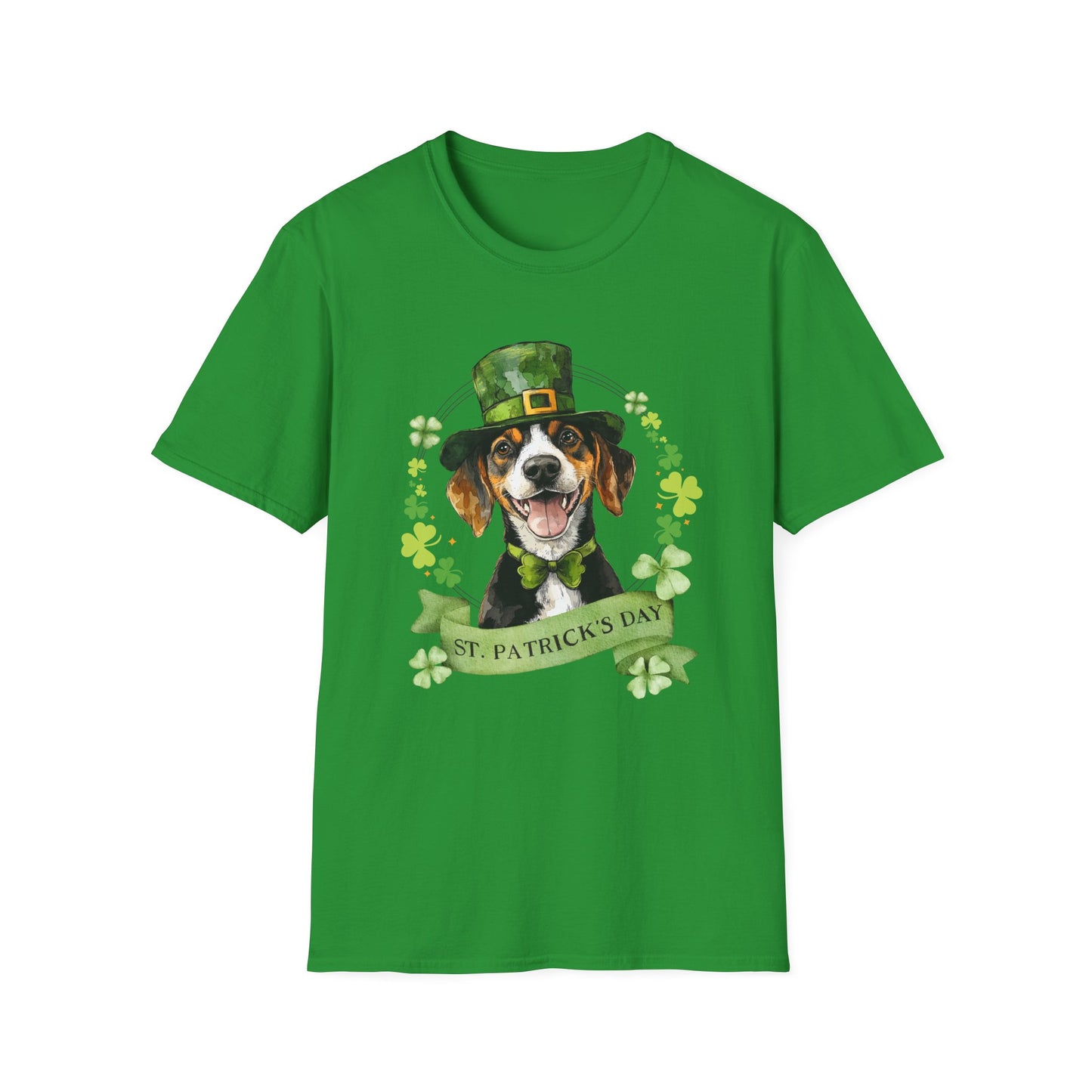 St. Patrick’s Day irish green t-shirt featuring a Beagle dog with a shamrock garland and festive Irish design