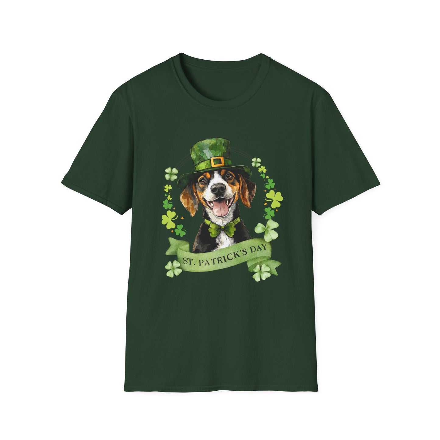 St. Patrick’s Day forest green t-shirt featuring a Beagle dog with a shamrock garland and festive Irish design