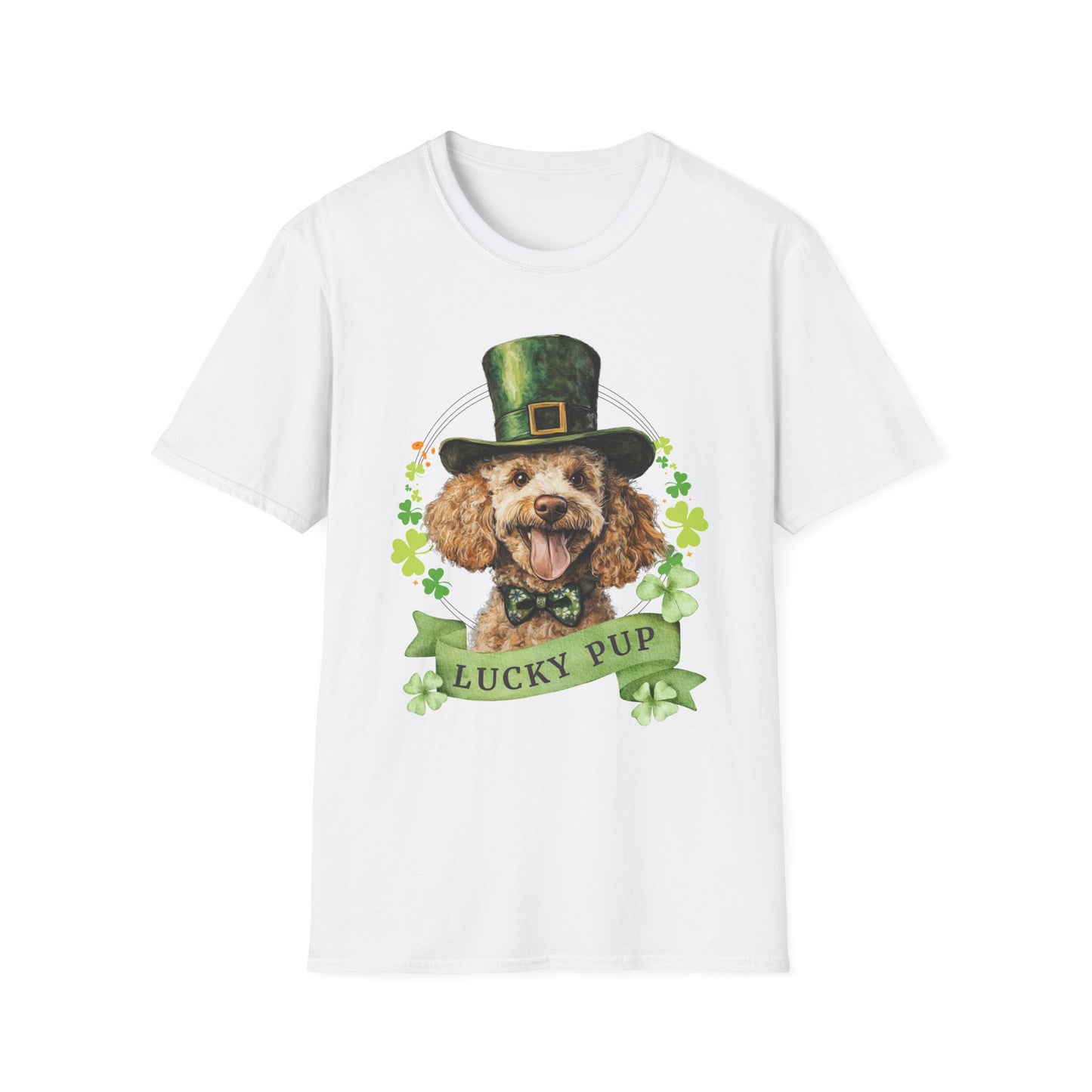 St. Patrick’s Day white t-shirt featuring a Poodle dog with a shamrock garland and festive Irish design